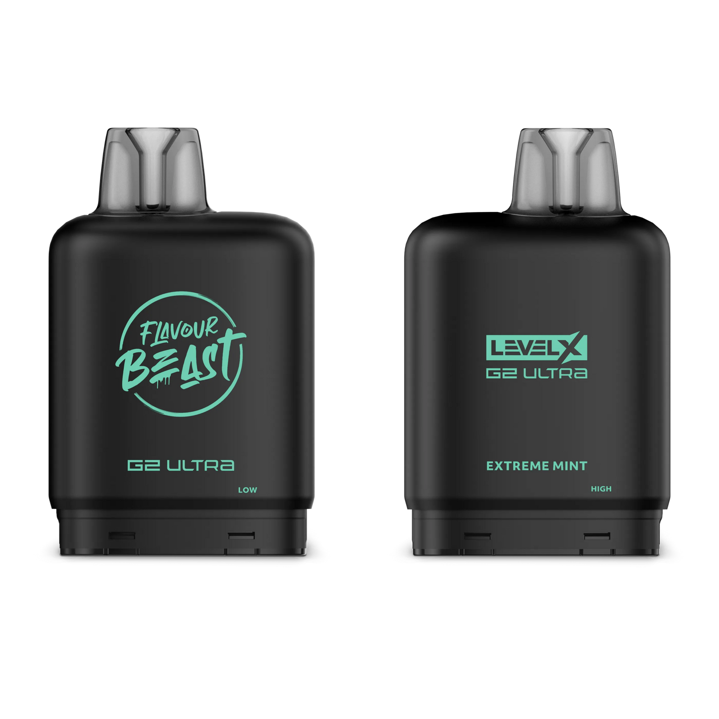 Two black vape devices with 'Flavour Beast' and 'Level X' branding on a white background