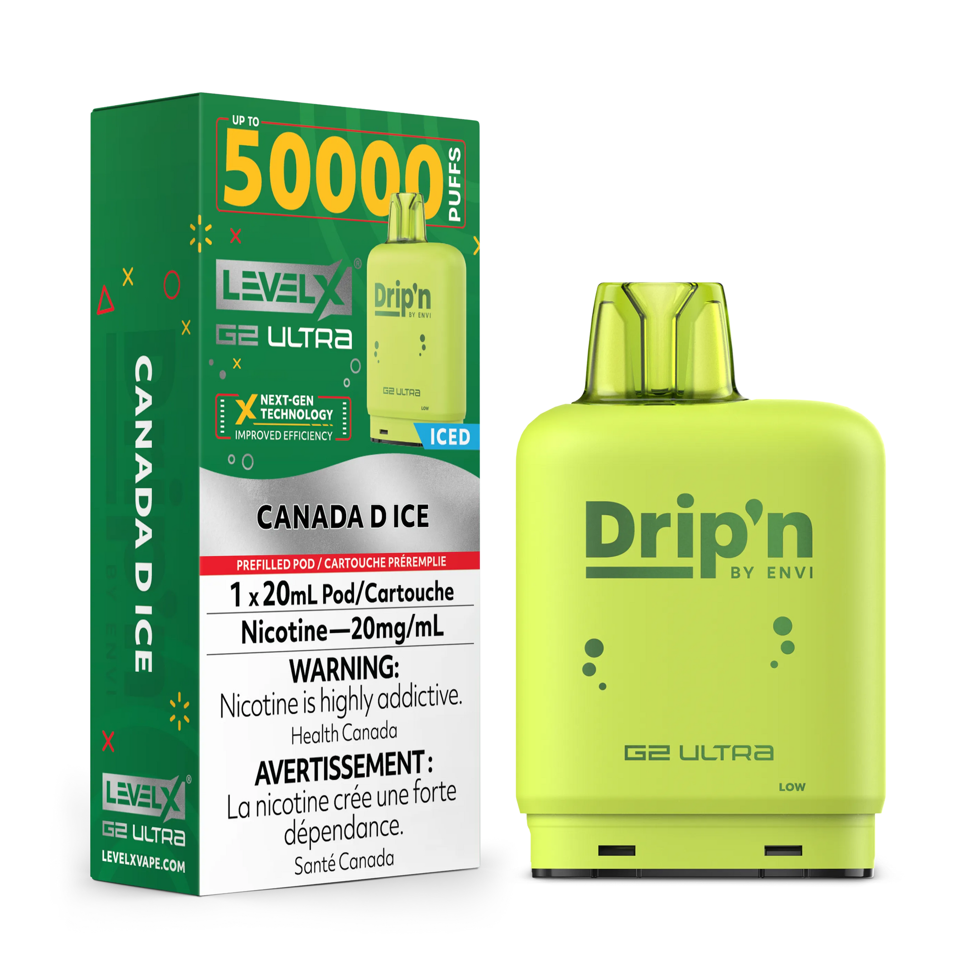 Yellow vape device with 'Drip'n' branding and packaging on a white background