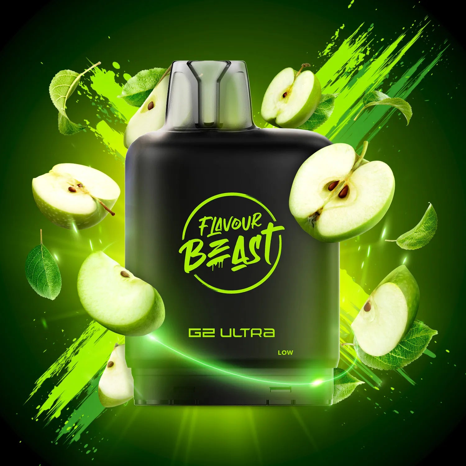 Flavour Beast G2 Ultra vape device with green apple slices on a green background