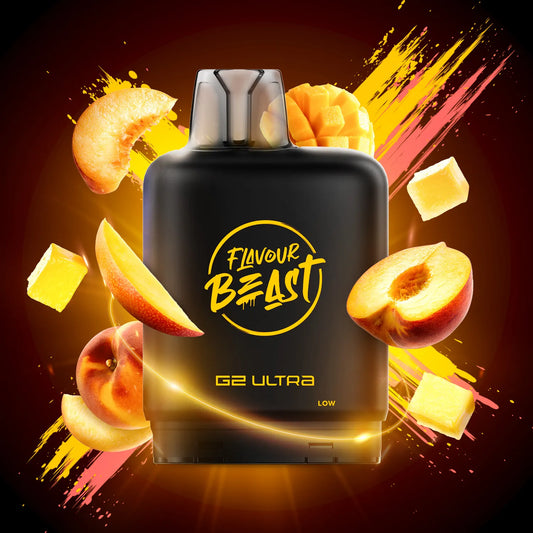 Flavour Beast G2 Ultra vape device with mango and peach slices on a colorful background